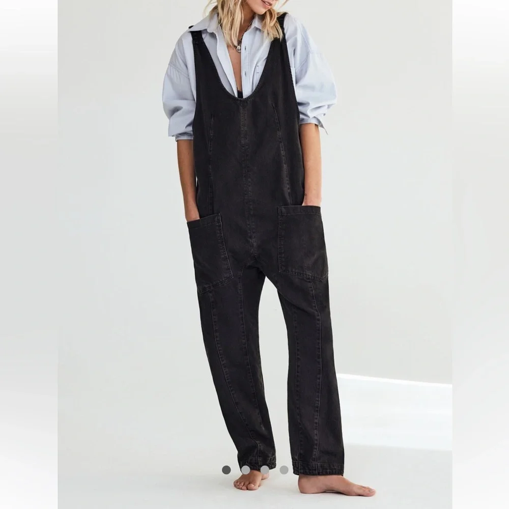 Free People Black Washed Denim Overalls Jumpsuit